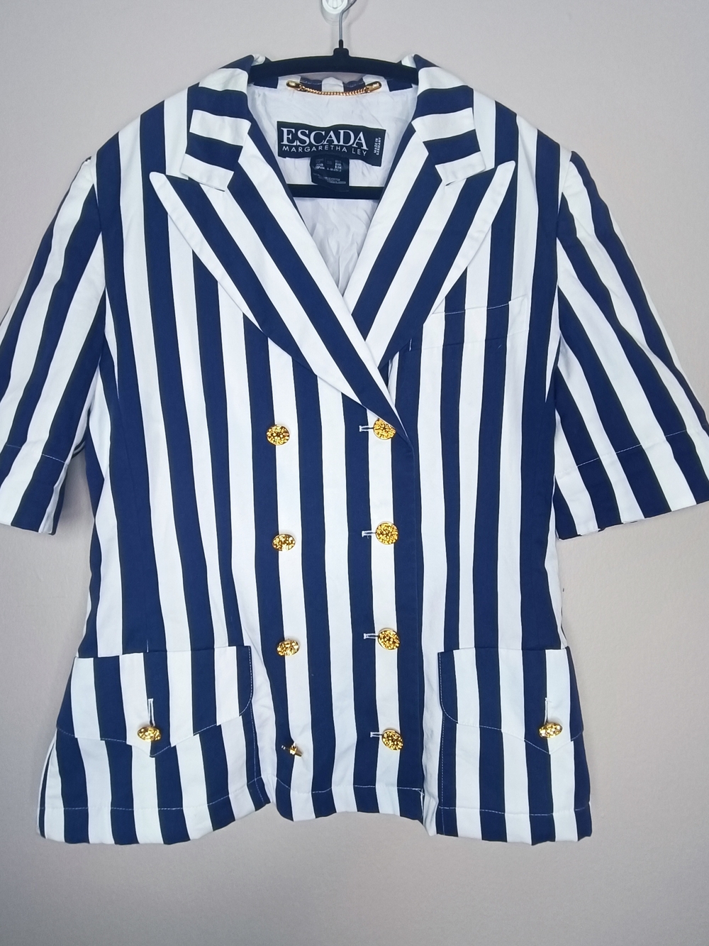 Vintage Escada Margaretha Ley Navy White Striped Nautical Blazer Size 6